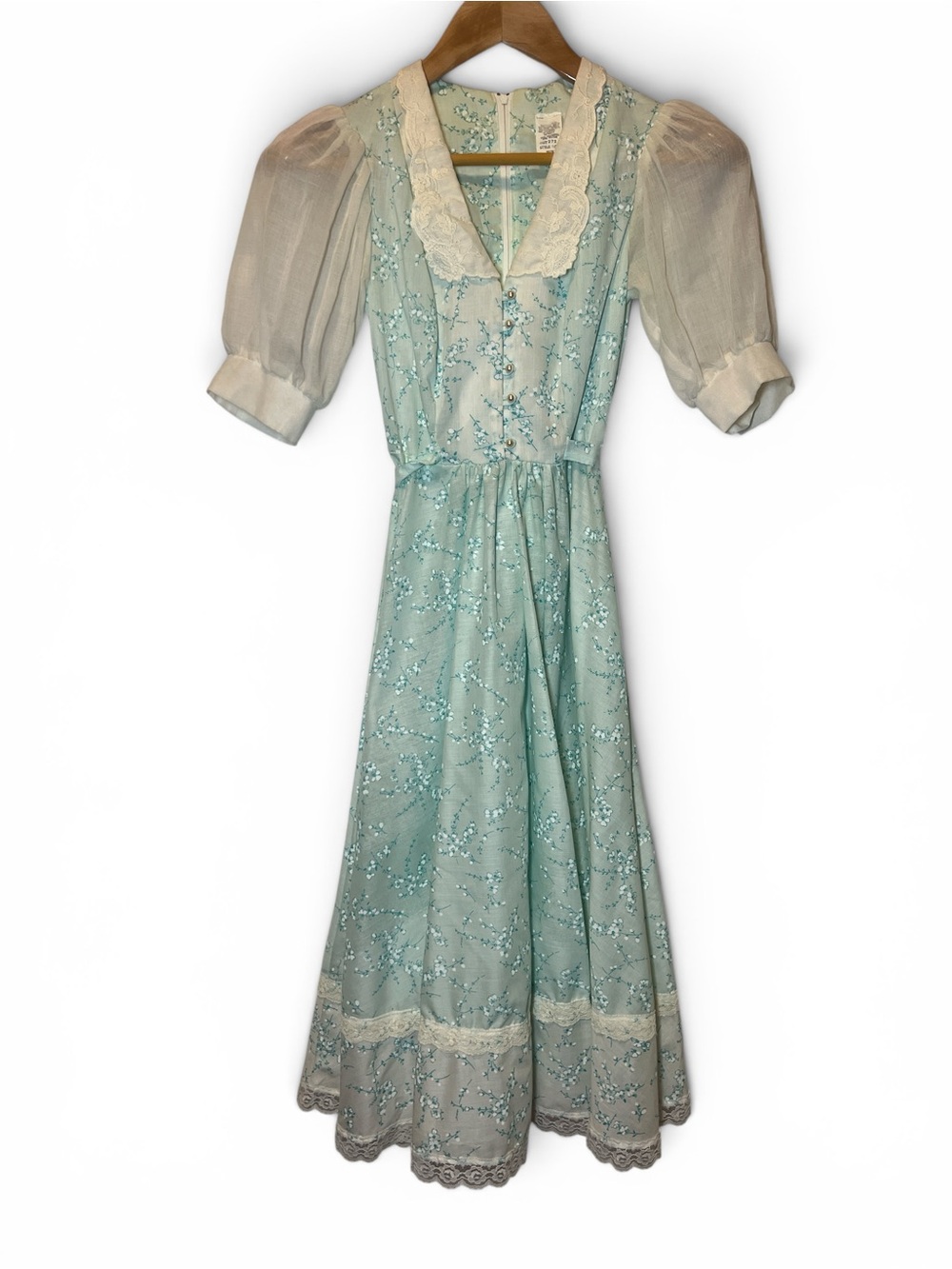 Prairie Blue Floral Lace Trim Tie-Back‎ Midi Dress Cottage Feminine Sz 3 Vintage